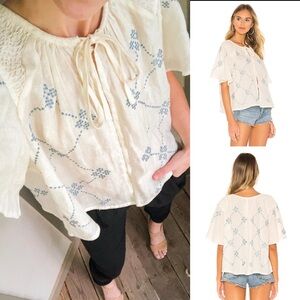 Innika Choo embroidered Cream and Blue Puff Sleeve Blouse with Tie Front